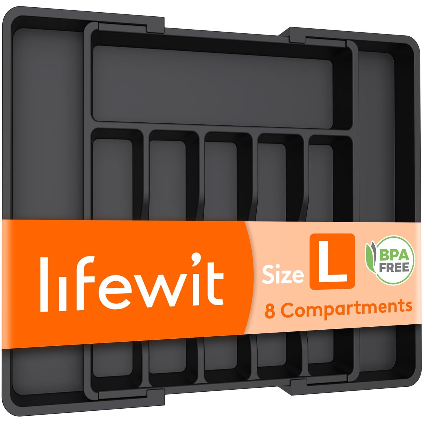 Lifewit Large Cutlery Drawer Organiser, Extendable Cutlery Tray, Kitchen Utensil Spoons Forks Knives Holder Storage, 8 Compartment, Black