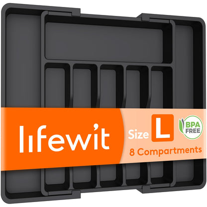 Lifewit Large Cutlery Drawer Organiser, Extendable Cutlery Tray, Kitchen Utensil Spoons Forks Knives Holder Storage, 8 Compartment, Black