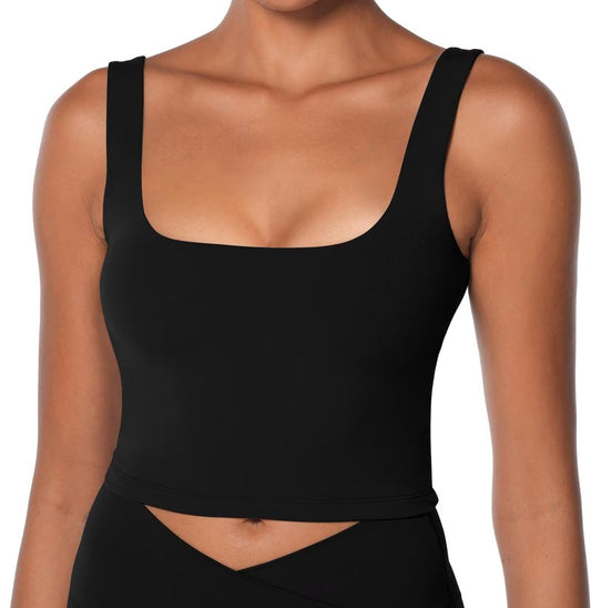 Sunzel Women's Double Lined Tank Top, Sleeveless Square Neck Crop Top, Yoga & Fitness Fitted Workout Casual Activewear Shirt Black Medium