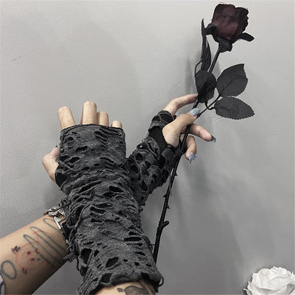 Mrotrida Women's Punk Fingerless Glove Cosplay Ripped Gloves for Halloween Costume Party 1Pair (Black Short Style)