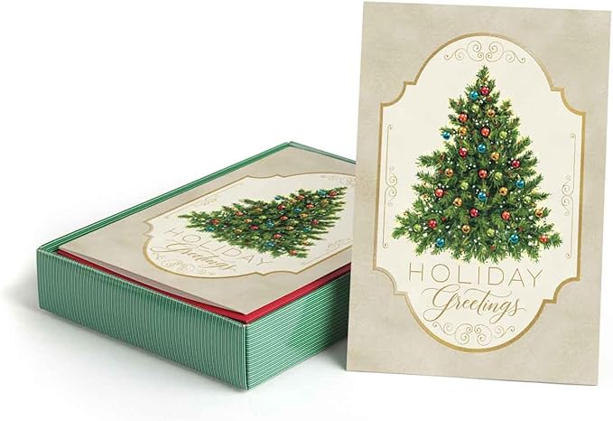 Masterpiece Nostalgic Christmas Tree Cards / 16 Boxed Holiday Card Set With Coordinating Red Envelopes / 5 5/8" x 7 7/8" Folded Greeting Cards With Inside Verse