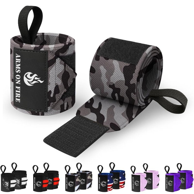 TECEUM Weightlifting Wrist Wraps with Thumb Loop – Black Camo – Arms on Fire – 12 inch – Heavy-Duty Workout Wrist Support & Protection – Ideal for Powerlifting, Strength Training, Bodybuilding