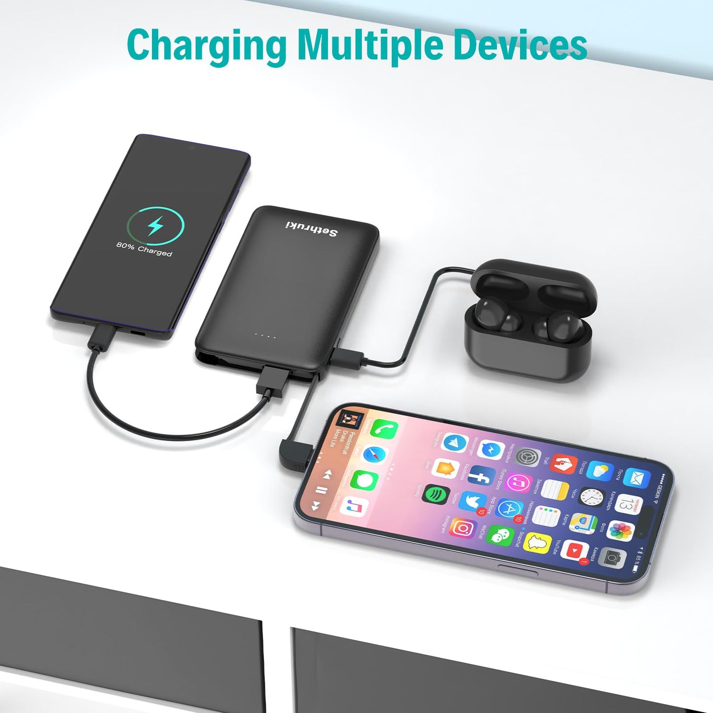 Slim Portable Charger with Built in USB C Cable,20W Fast Charging Power Bank,Small Mini Lightweight Phone Battery Pack 6000mAh,Ultra Thin Travel Essentials for iPhone 17 16 15 Series,Samsung,Android