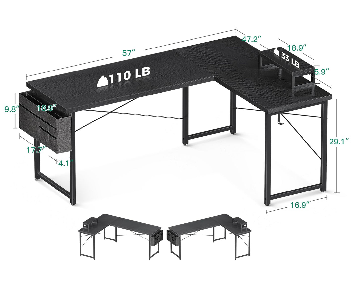 Casaottima L Shaped Computer Desk with Storage Bag, 57.5 Inch Reversible Gaming Table, Home Office Corner Desk with Monitor Shelf, Space-Saving Writing Workstation Desk, Easy to Assemble, Black