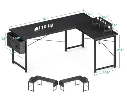 Casaottima L Shaped Computer Desk with Storage Bag, 57.5 Inch Reversible Gaming Table, Home Office Corner Desk with Monitor Shelf, Space-Saving Writing Workstation Desk, Easy to Assemble, Black