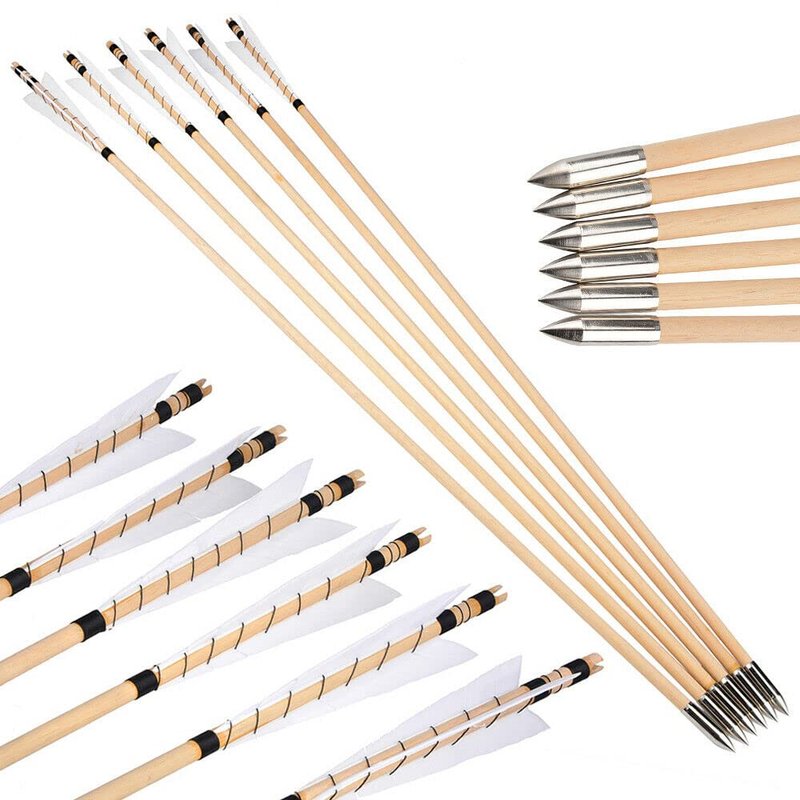 ZSHJGJR 32" Traditional Wooden Arrows Archery Hunting Arrows Wooden Arrow Shaft Arrows Practice Targeting with Turkey Feathers Fletching for Traditional Recurve Bow Longbow 6/12pcs (White, 12)