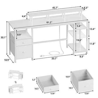 Furologee 61" Desk with LED Light & Power Outlets, Reversible Computer Table with File Cabinet & Drawer, White Gaming Desk Writing Table with Dual Monitor Stand, for Home/Office/White