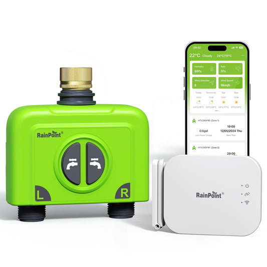 RAINPOINT WiFi Water Timer for Garden Hose, 2 Zone WiFi Sprinkler Controller, Smart Hose Timer Valve, Automatic Drip Irrigation System/Rain Delay for Garden (Brass Inlet, WiFi & Ethernet Connection)