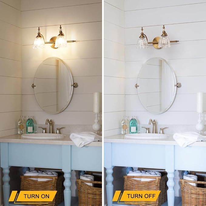 Brass Vanity Light, Farmhouse Brushed Gold Bathroom Light Fixtures, 2 Light Bathroom Vanity Lights, Flower Glass Shade Wall Sconce Lighting