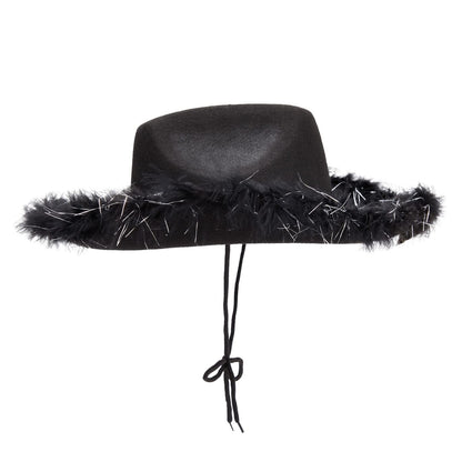 Juvolicious Black Cowgirl Hat - Medium Adjustable - Sparkly Feathered Costume Cowboy Hat for Women & Men - Western Party Accessory