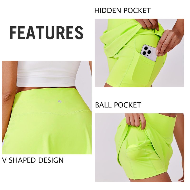 PINSPARK Womens Tennis Skirts Stretchy Athletic Skorts Tummy Control Skort Skirts A-line Cute Sports Skirts, Neon Green Large