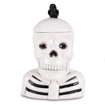 100 North Dolomite Ceramic 12 x 8.5 Halloween Cookie & Candy Jar with Airtight Lid: Perfect for Kitchen Canisters, Pet Treat Containers & Fall Decorative Candy Dish, Skeleton with a Crow