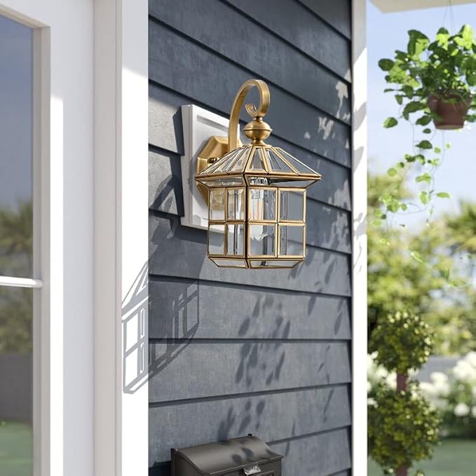 Milaii Copper Brass Outdoor Wall Lights,13.4" Exterior Lantern Light Fixture Waterproof Anti-Rust Wall Mount Lamp with Clear Glass E26 Socket Porch Light for Garage Entryway Patio Balcony