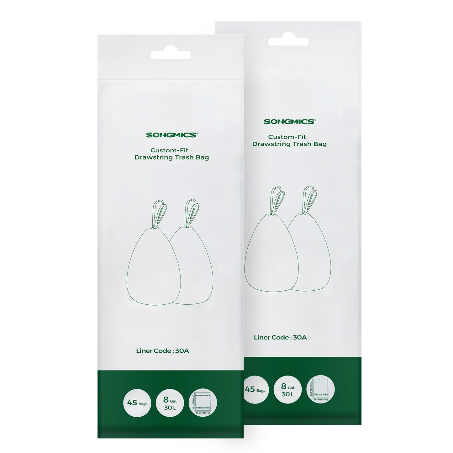 SONGMICS Drawstring Bin Liners, 30L Bin Liners, Code 30A, Customized, 2 Rolls, 90 Pieces, White KRB30A02
