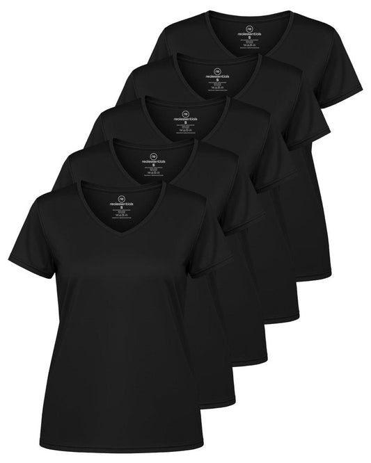 Real Essentials 5 Pack: Women's Dry-Fit Short Sleeve V Neck T Shirt Workout Fitness Yoga Top Tee, Set 5, S