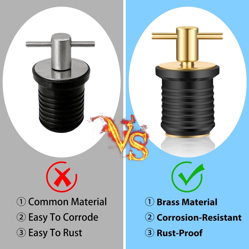 Linkstyle 4 PCS Brass T-Handle Drain Plug, Marine Boat Drain Plugs for 1 Inch Diameter Drains Locks, Twist-Turn and Seal Design Rubber Plugs T-Handle Drain Plug for Yachts Kayaks