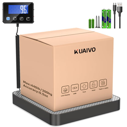 KUAIVO Parcel Scale, High Precision Platform Scales 200 kg/10 g with LCD/Hold/Tare Function, Stainless Steel Postal Scales for Packages, Luggage, Warehouse, Business and Home Use, Rechargeable
