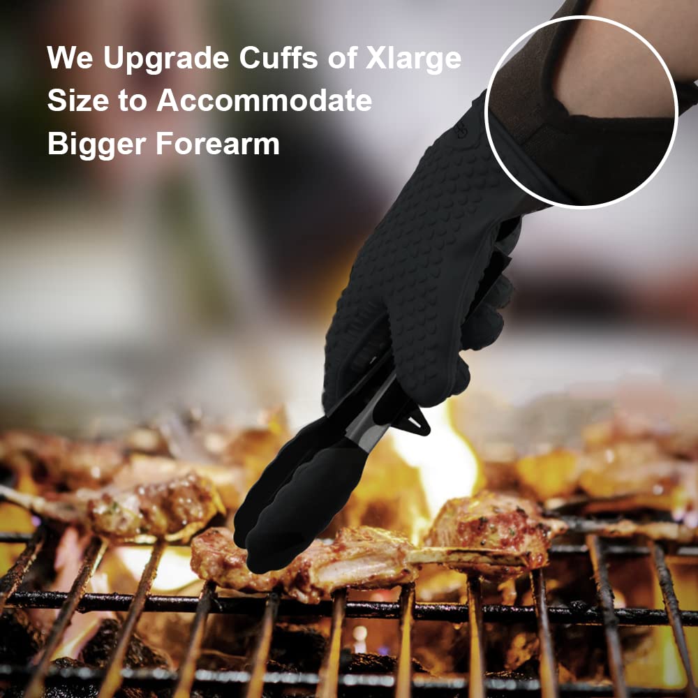 GEEKHOM BBQ Gloves X-Large, Heat Resistant Kitchen Silicone Oven Mitts, Waterproof Oven Gloves, BBQ Grill Accessories for Baking, Fryer, Smoker, Weber, Pizza, Microwave, Non-Slip, Black