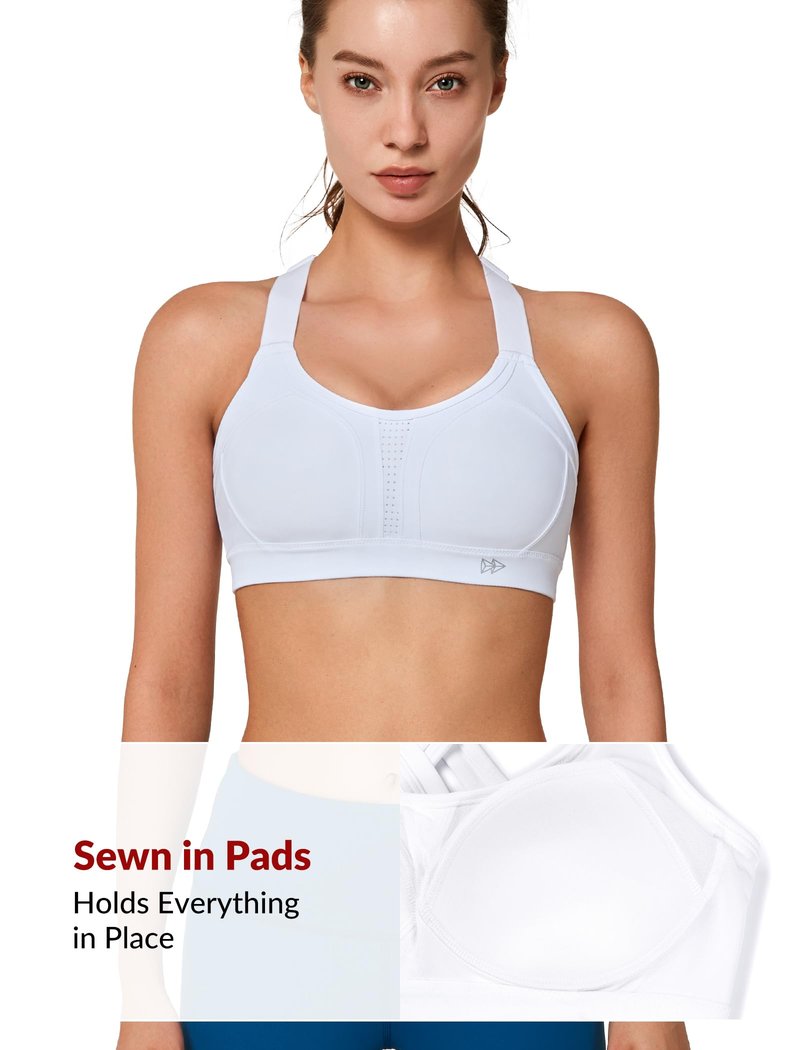 Yvette Sports Bra High Impact Adjustable Criss Cross Back, Full Support for Large Bust No Bounce, White,L