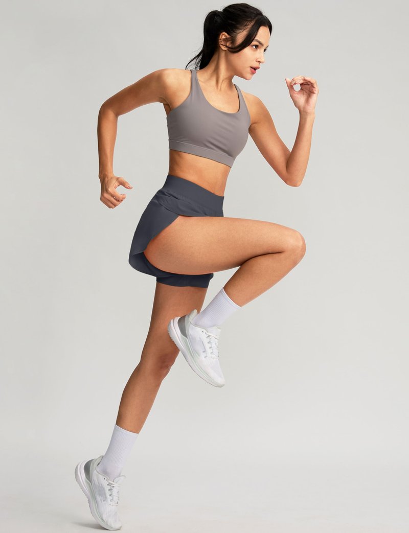 Soothfeel High Waisted Athletic Running Shorts for Women Dolphin Short High Split Quick Dry Gym Workout Shorts with Liner (Deep Grey, M)