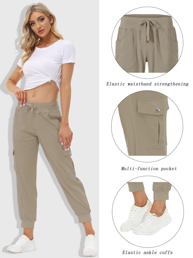 MoFiz Women's Cargo Pants Hiking Joggers Summer Lightweight Quick Dry Athletic Outdoor Sports Sweatpants Travel Casual Button Pockets Khaki L