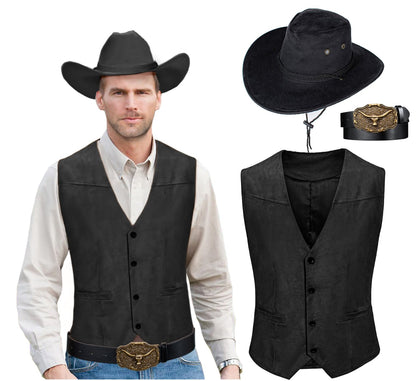 KAIPUTE Western Cowboy Costume Men's Vest Hat Belt for Adult Halloween Party Cosplay Black
