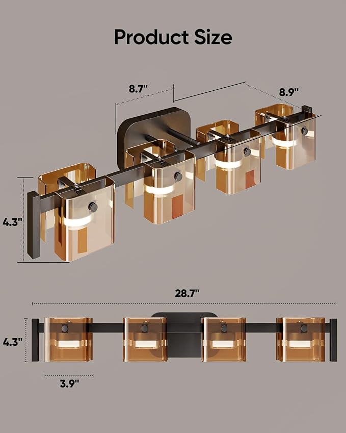 JACKYLED Bathroom Light Fixture, Modern 4-Light Vanity Lights with Art Glass Shades, 3 Color Temperatures LED Bathroom Lighting Fixture Over Mirror, 20W 1200 Lumen 30° Adjustable, Amber Glass