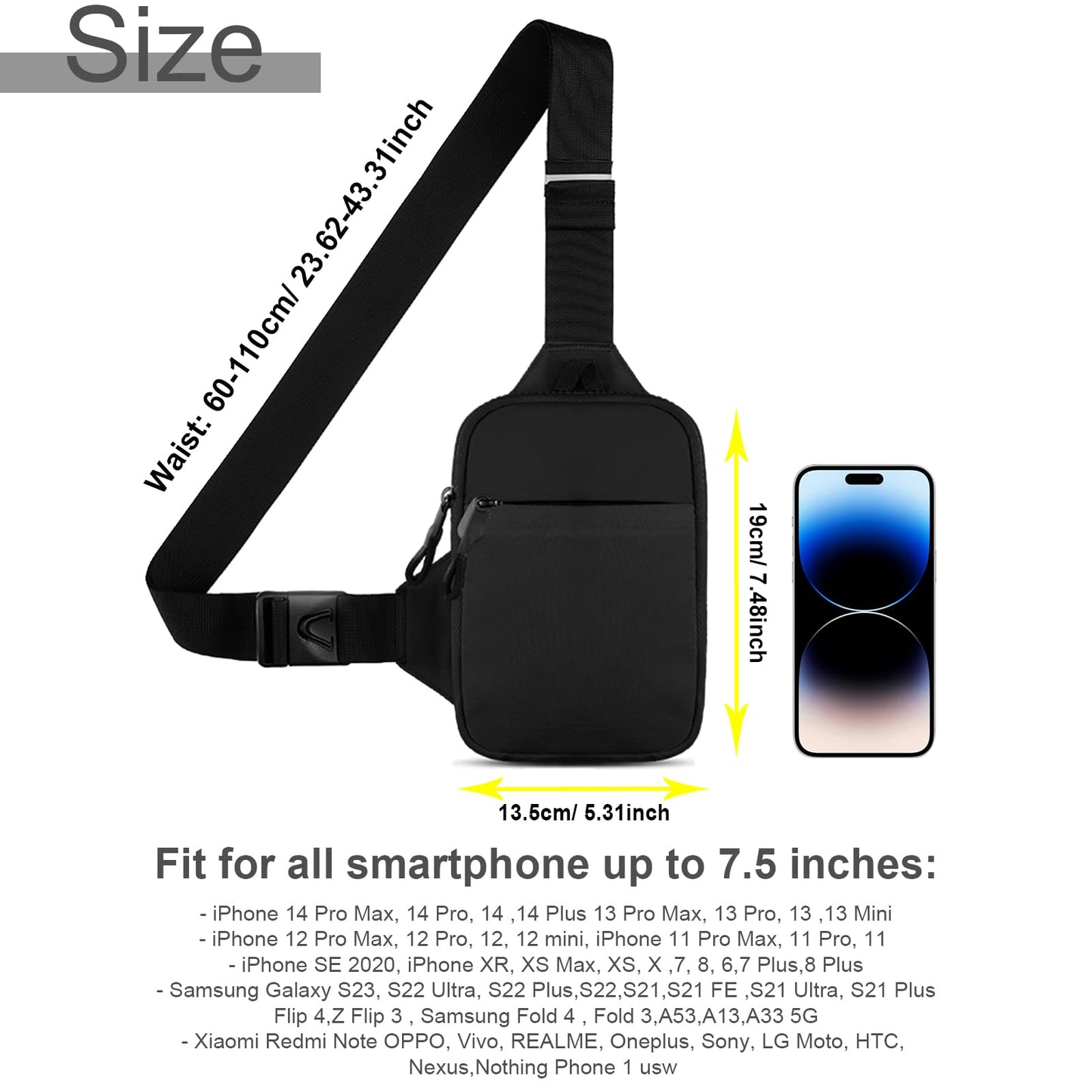 Casecret Shoulder Bag Men's Women's Shoulder Bag Crossbody Bag Sling Chest Small Mobile Phone Case for Hanging with Purse Bag Waterproof Chest Bag Outdoor for iPhone Samsung up to 7.5 Inches