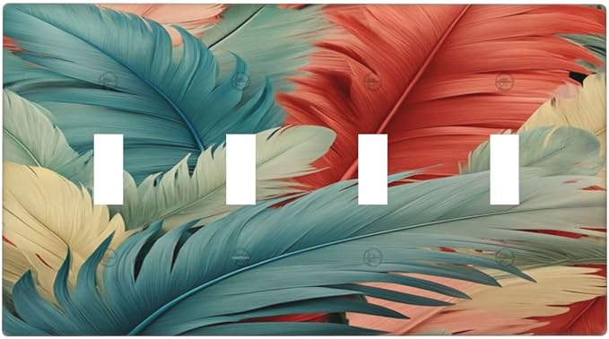 Colorful Feathers Blue Red Light Switch Covers Quad Toggle 4 Gang Wall Plate Decorative Switchplate Electrical Faceplate for Farmhouse Bathroom Living Decor