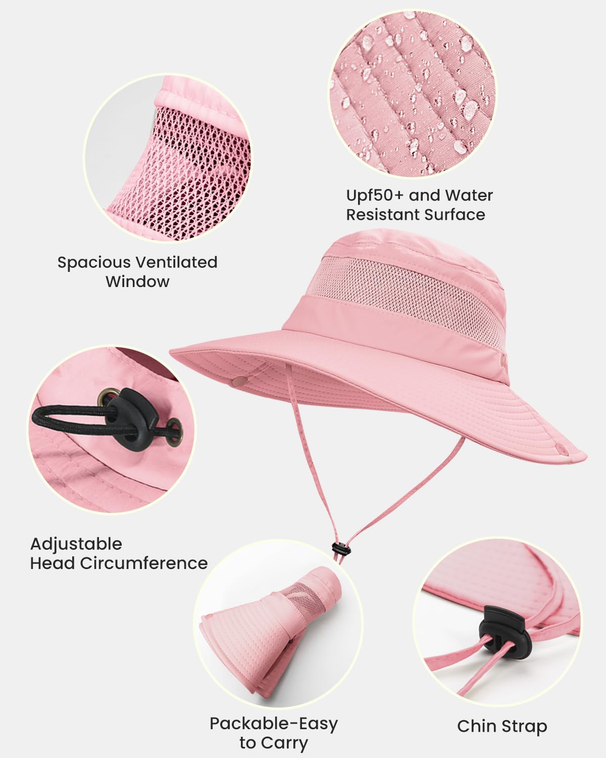 Beach Sun Hats for Women UV Protection with High Ponytail Hole UPF 50+ Fishing Safari Garden Hiking Hat Women Water Resistant Packable Sun Hat Pink
