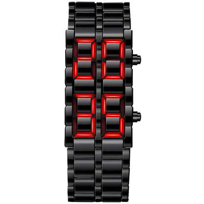 Fashion Full Metal Digital Lava Wrist Watch Men LED Display Watches Gifts for Male Female Sport Creative Watch (Black Red)