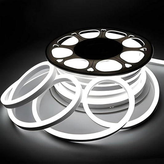 FORT LED Neon Rope Lights White 100FT 30M Flexible AC 110V 120V LED Strip Lights Outdoor Waterproof Plug-Play Neon Strip Lighting Dot Free Connectable Home Commercial Decor Neon Sign ETL FCC