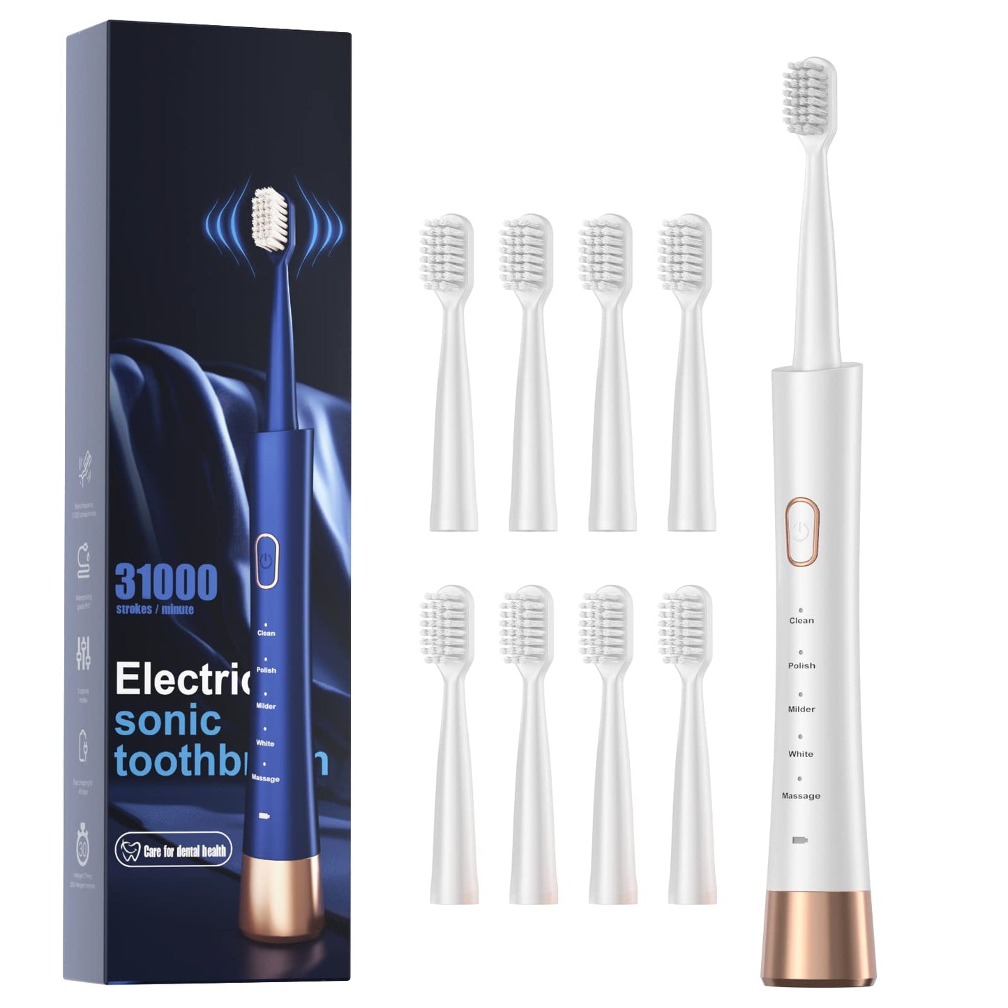 Sonic Electric Toothbrush for Adults, USB Rechargeable Sonic Toothbrush with 8 Brush Heads, Smart Timer, 5 Modes, 2-Hour Fast Charge Last 30 Days, Pink