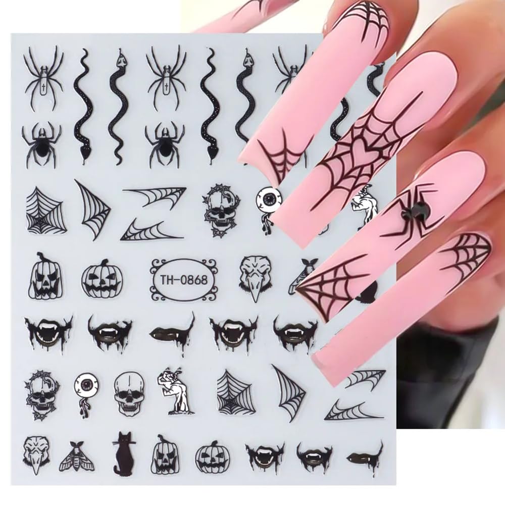 Halloween Nail Stickers, 6 Sheets Black Ghost Nail Decals 3D Self-Adhesive Small Horror Pumpkin Witches Bat Ghost Spider Halloween Pattern Black White Holiday Nail Art Design for Women Kids