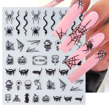 Halloween Nail Stickers, 6 Sheets Black Ghost Nail Decals 3D Self-Adhesive Small Horror Pumpkin Witches Bat Ghost Spider Halloween Pattern Black White Holiday Nail Art Design for Women Kids