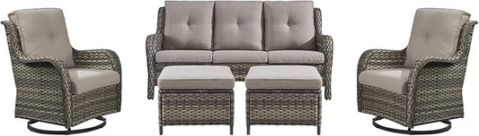 Rilyson Wicker Patio Furniture Set - 5 Piece Rattan Outdoor Sectional Conversation Sets with 2 Rocking Swivel Chairs,2 Ottomans and 1 Sofa for Porch Deck Garden(Mixed Grey/Grey)
