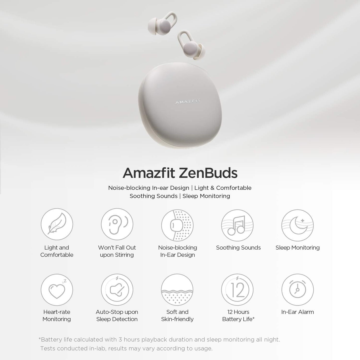 Amazfit Zenbuds Smart Sleep Earbuds, Noise Blocking, in-Ear Alarm, Soothing Sounds, Light and Comfortable, in-Ear Alarm Detection, Cloud White