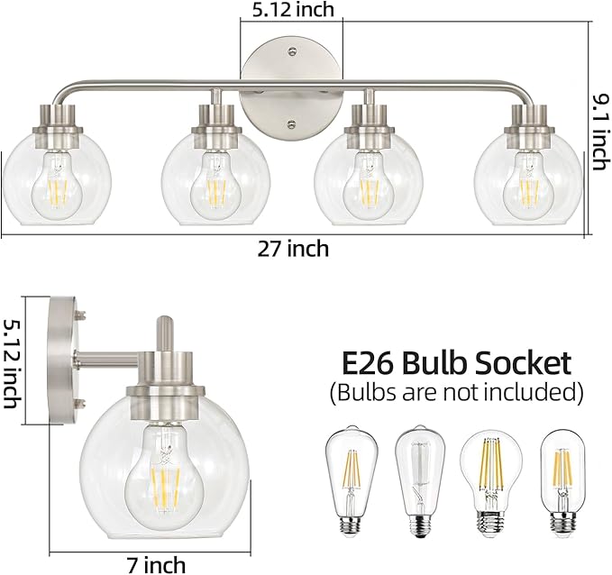 Bathroom Light Fixtures Brushed Nickel Vanity Light Silver 4 Light Modern Wall Sconces Lighting Bathroom Lights with Globe Glass Shade Bath Wall Lights for Mirror Kitchen Living Room Hallway 27 Inch
