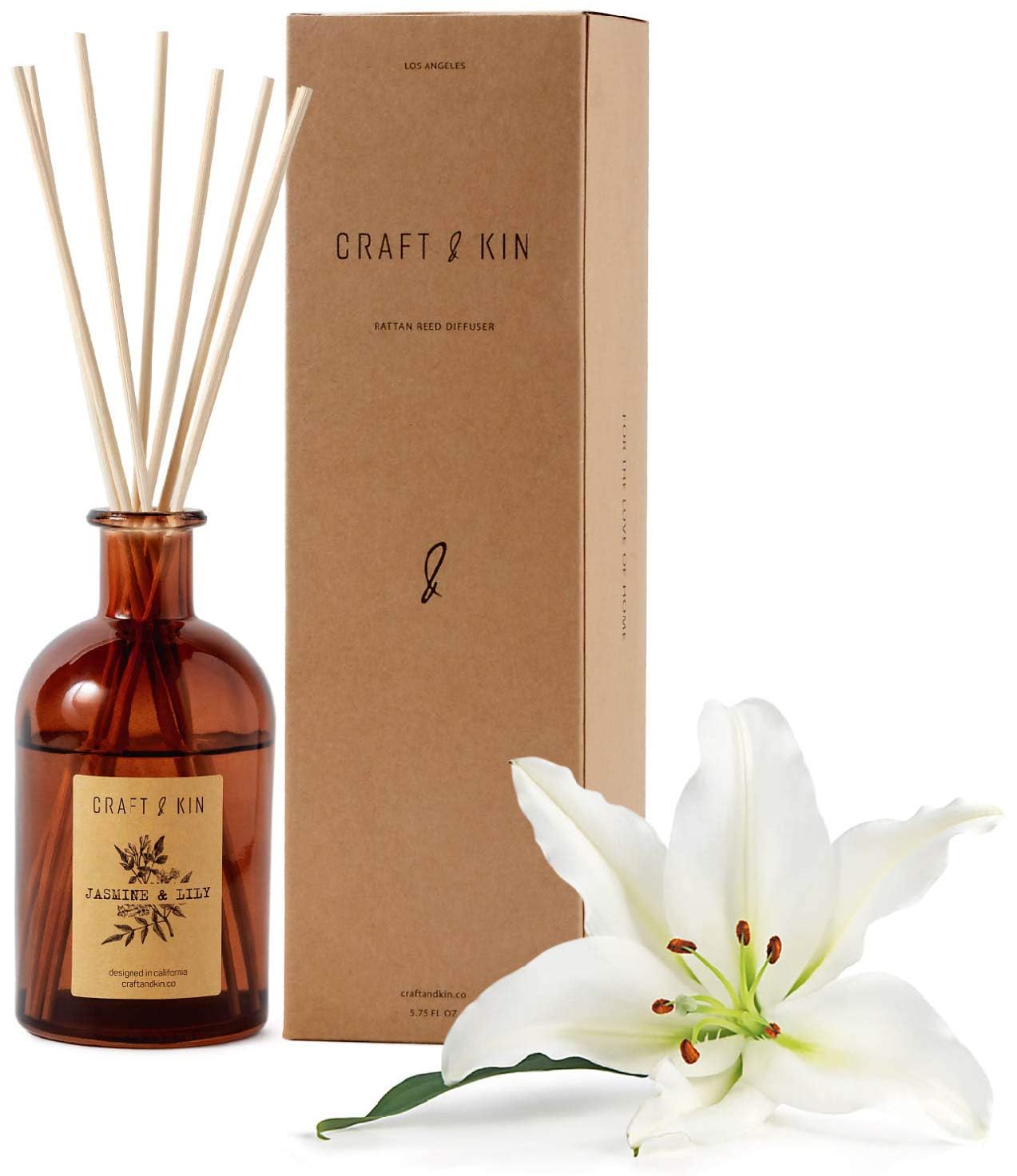 Craft & Kin Sage, Mint & Lavender Reed Diffuser | All Natural Essential Oil & 8 Rattan Scent Sticks | Reed Diffusers for Home, Bathroom | Long Lasting Home Fragrance in Amber Glass, 5.75oz