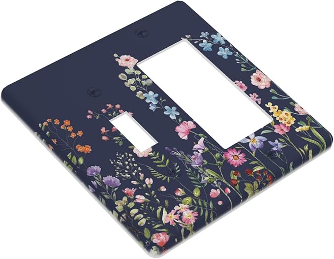Rustic Wild Floral Darkground Vintage Watercolor Flower 2 Gang Single Toggle Rocker Combination Light Switch Cover Decorative Wall Plate Cover Electrical Faceplate Switchplate for Bedroom