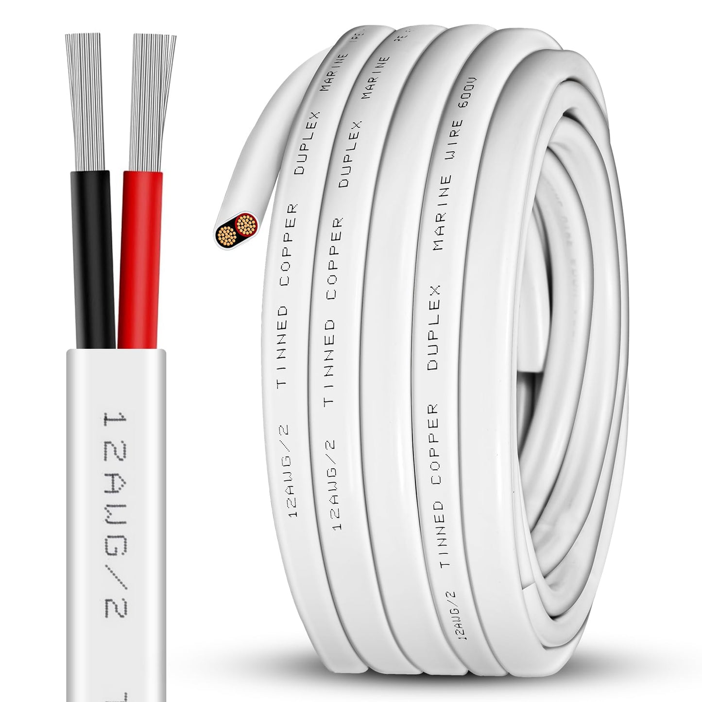 ATXXSCD 12 Gauge 30ft Marine Wire,2 Core Insulated Duplex Marine Grade Wire Tinned Copper Standard Electrical Wire Outdoor for Boat/Maine/Automotive/RV/Camper/Trailer, White