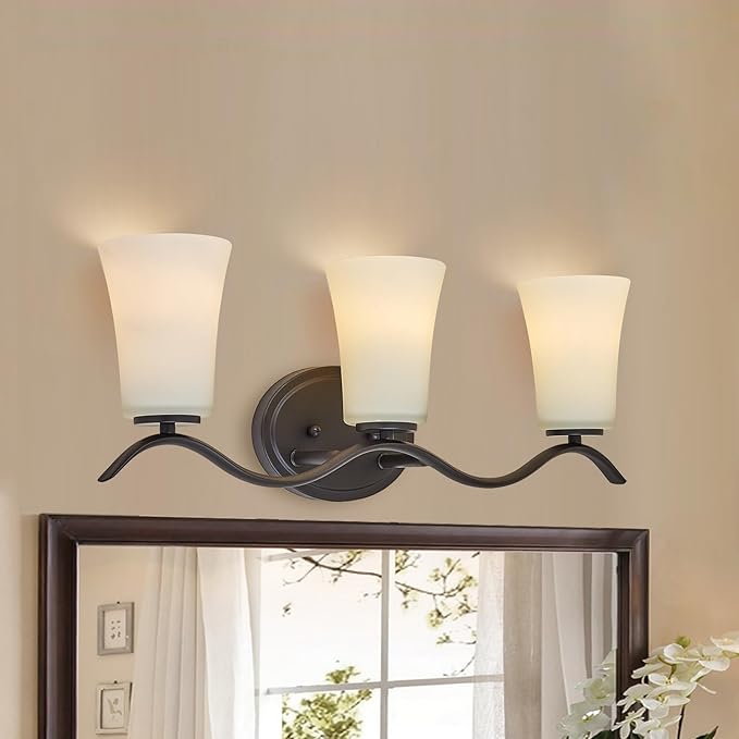 3 Light Bathroom Vanity Light Fixture, Oil Rubbed Bronze Vanity Light Fixtures with Milky White Glass Shade, Modern Bathroom Wall Sconces Lights Over Mirror