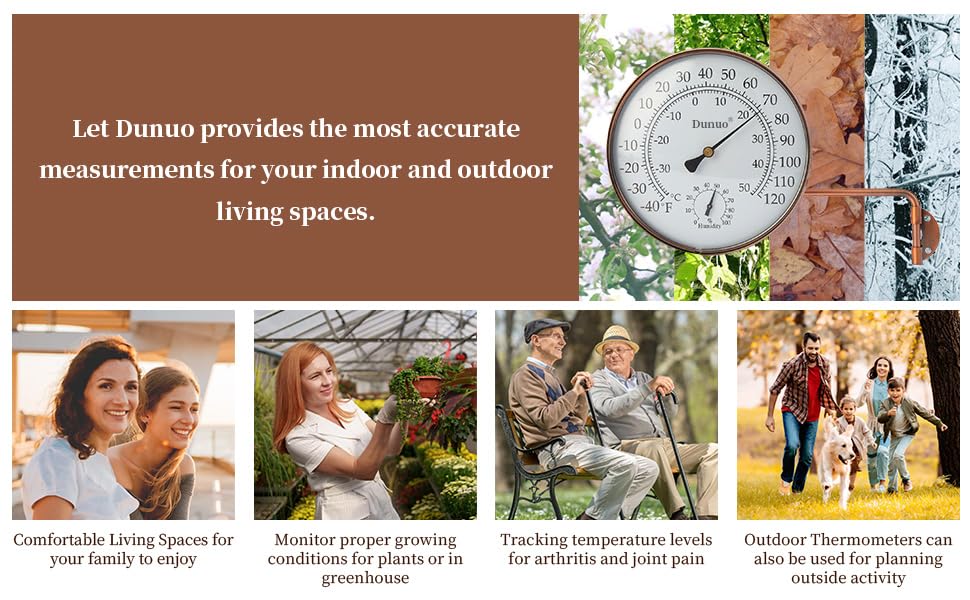 Dunuo 6" Outdoor Thermometer for Greenhouse, Garage and Patio. Weatherproof & Decorative Outside Temperature Gauge for Window, Antique Copper with Humidity (Easy-Read Brass Swivel Design)