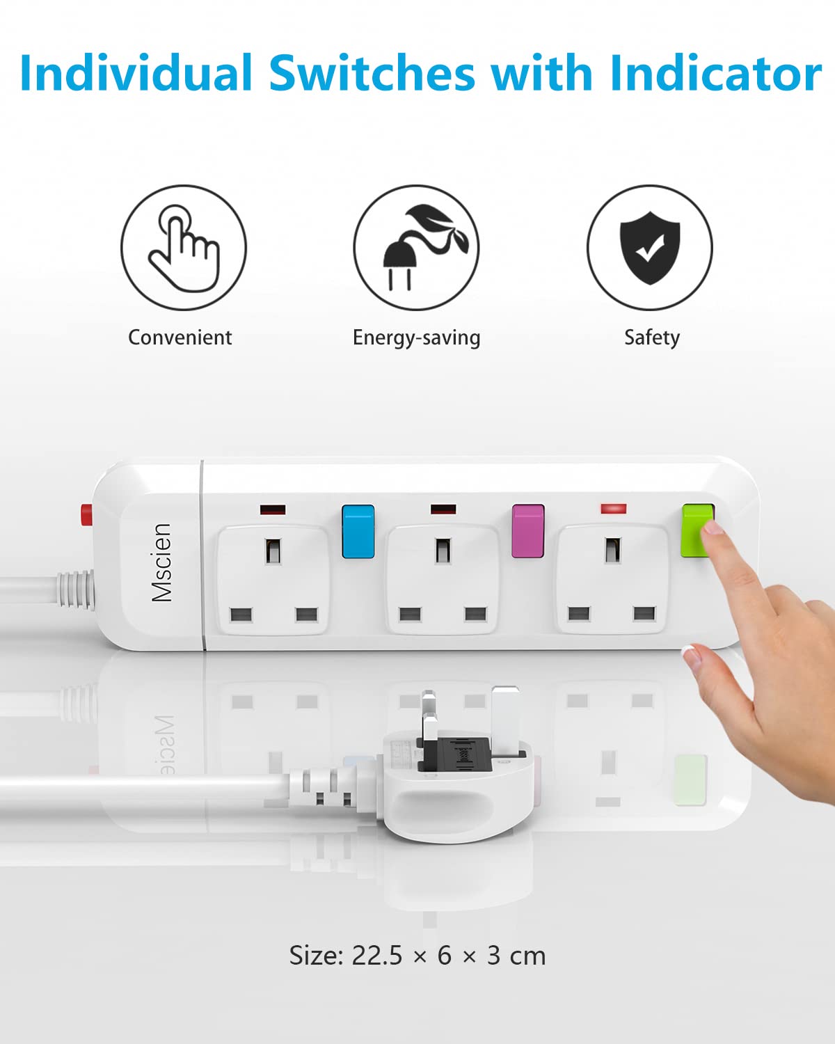 Mscien Extension Lead with Switches, 3 Way Plug Sockets with Overload Protection Surge Protection 1.8M Extension Cable Wall Mountable Power Strip