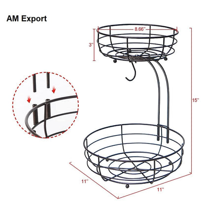 Auledio Iron 2-Tier Countertop Fruit Vegetables Basket Bowl Storage With Banana Hanger, Black, 64 ounces