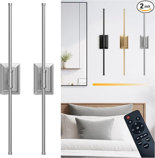 Battery Operated Wall Light Set of 2 - Silver Picture Wireless Led Plug In Walls Sconce Fixture Indoor - Art Decor Bathroom Sconces Rechargeable - Modern Bedroom Cordless Lights Fixtures with Remote