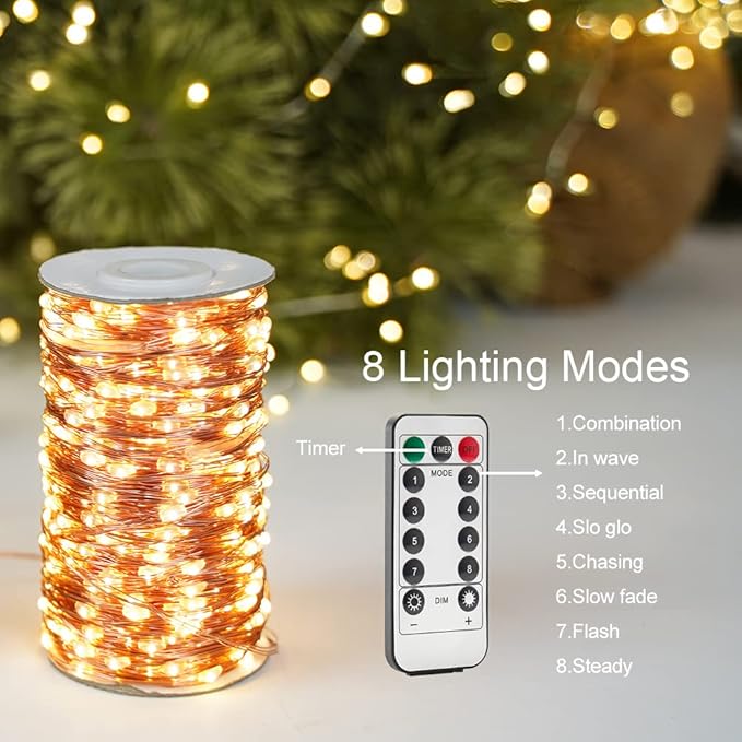 100Ft Warm White Plug in Fairy Lights 300 LED Waterproof Twinkle Copper Wire String Lights with Remote for Christmas Tree Bedroom Porch Patio Garden Wedding Party