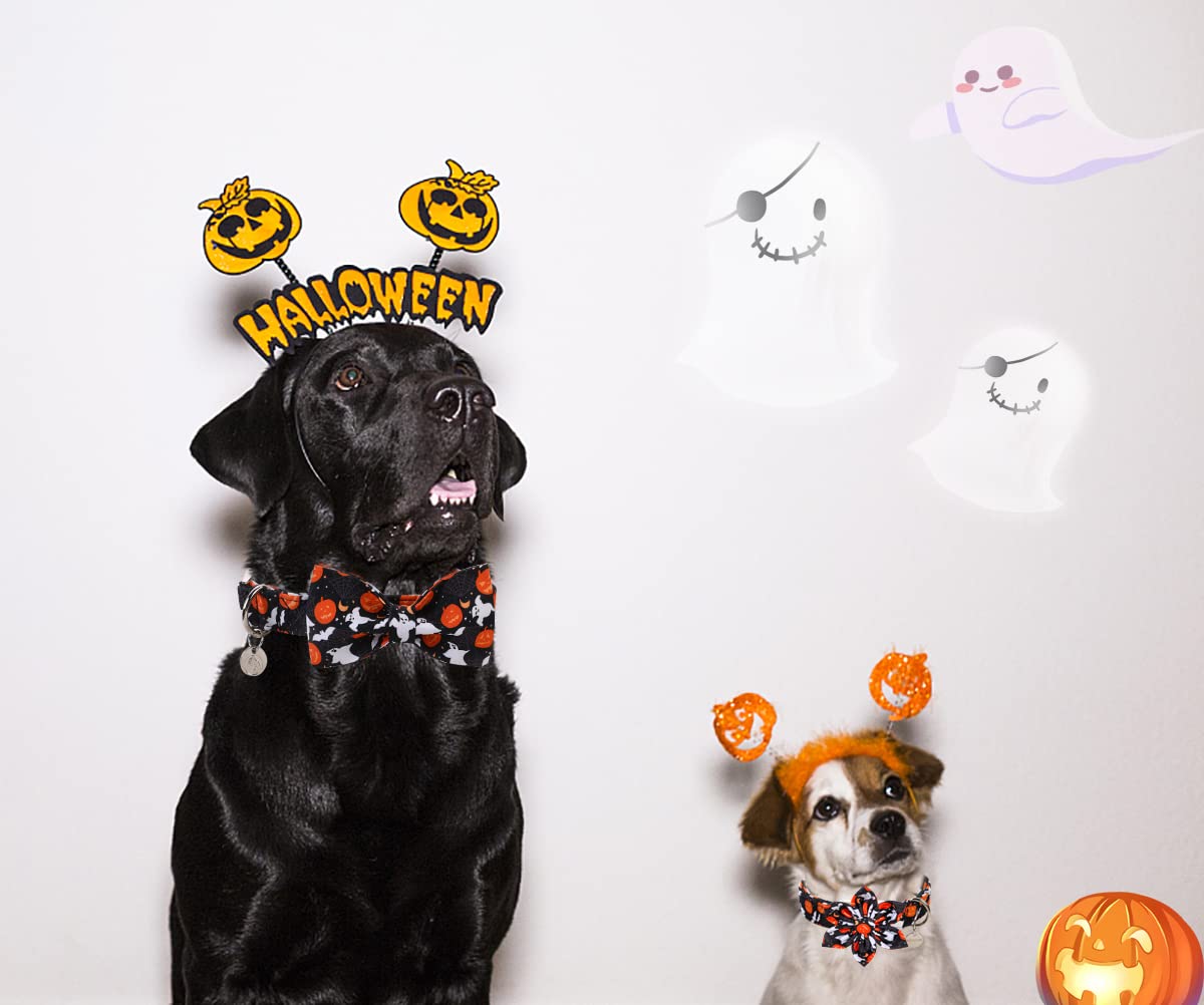 DOGWONG Halloween Black Ghost Dog Collar with Removable Cute Bow Tie Adjustable Pet Collars, Soft Comfy Halloween Themed Pet Collar, Fall Dog Collar for Small Medium Large Dogs