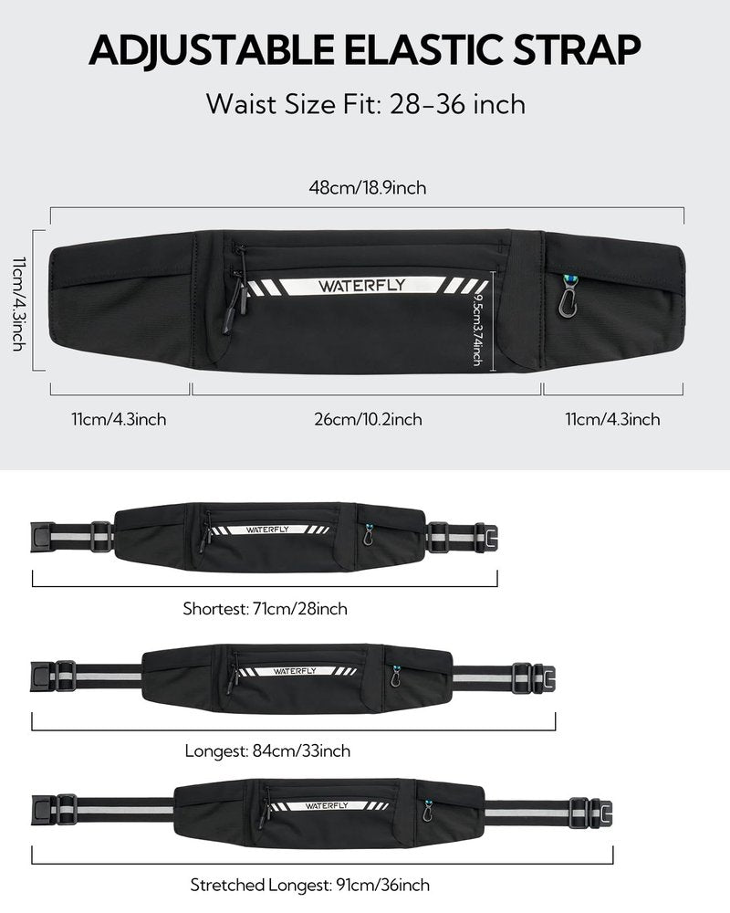 WATERFLY Running Belt Fanny Pack: Slim Breathable 4 Pocket Waist Bag for Men Women Sport Workout Exercise Fitness Phone Holder - Runner Marathon Jogging Waistband Fits ALL Phones Black
