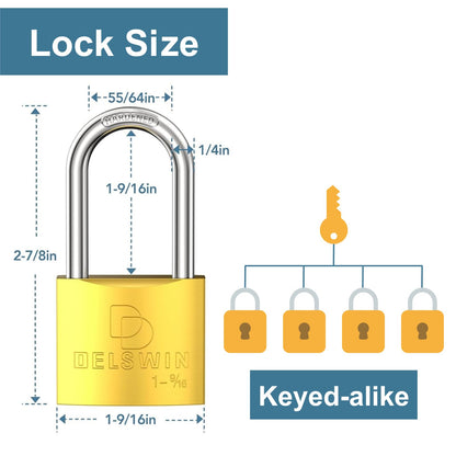DELSWIN Weatherproof Padlock with Key (Keyed Alike) - Heavy Duty Solid Brass Locker Lock with 1-9/16" Long Shackle, Marine Grade Pad Lock for Outdoor Gate, Fence, Shed (2 Pack)